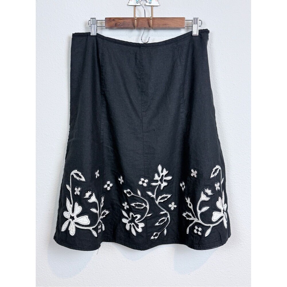 Richard Malcolm Black Linen A-Line Skirt White Floral Appliqué 14